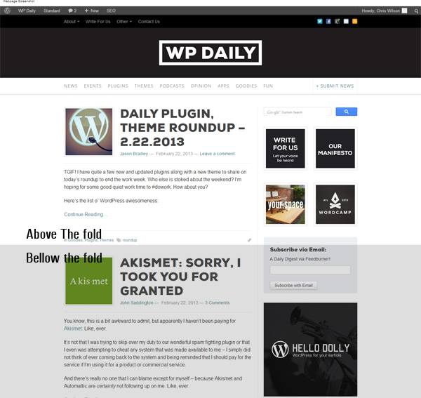 WPDaily screenshot showing the fold