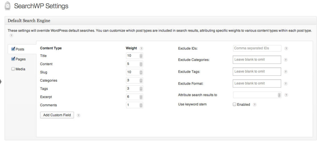 searchwp plugin settings page